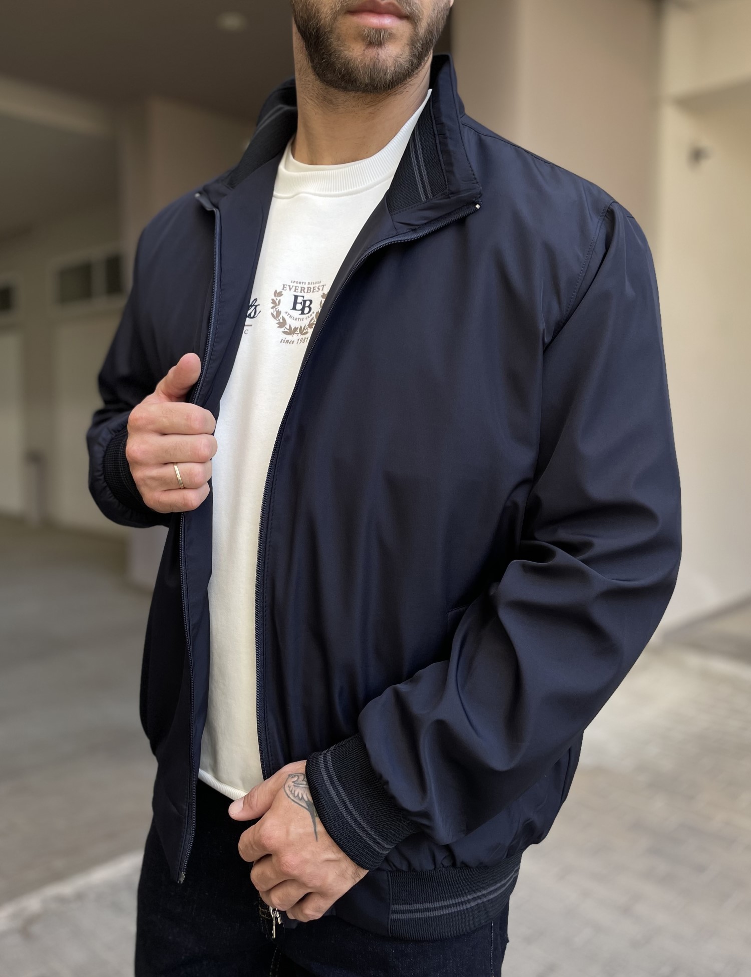 Ανδρικό μπλε μπουφάν με γιακά και λάστιχο Plus Size EP456B φωτογραφία